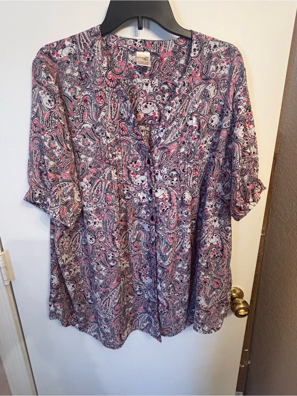 Terra & Sky Pink and Navy Paisley Roll-Tab Blouse